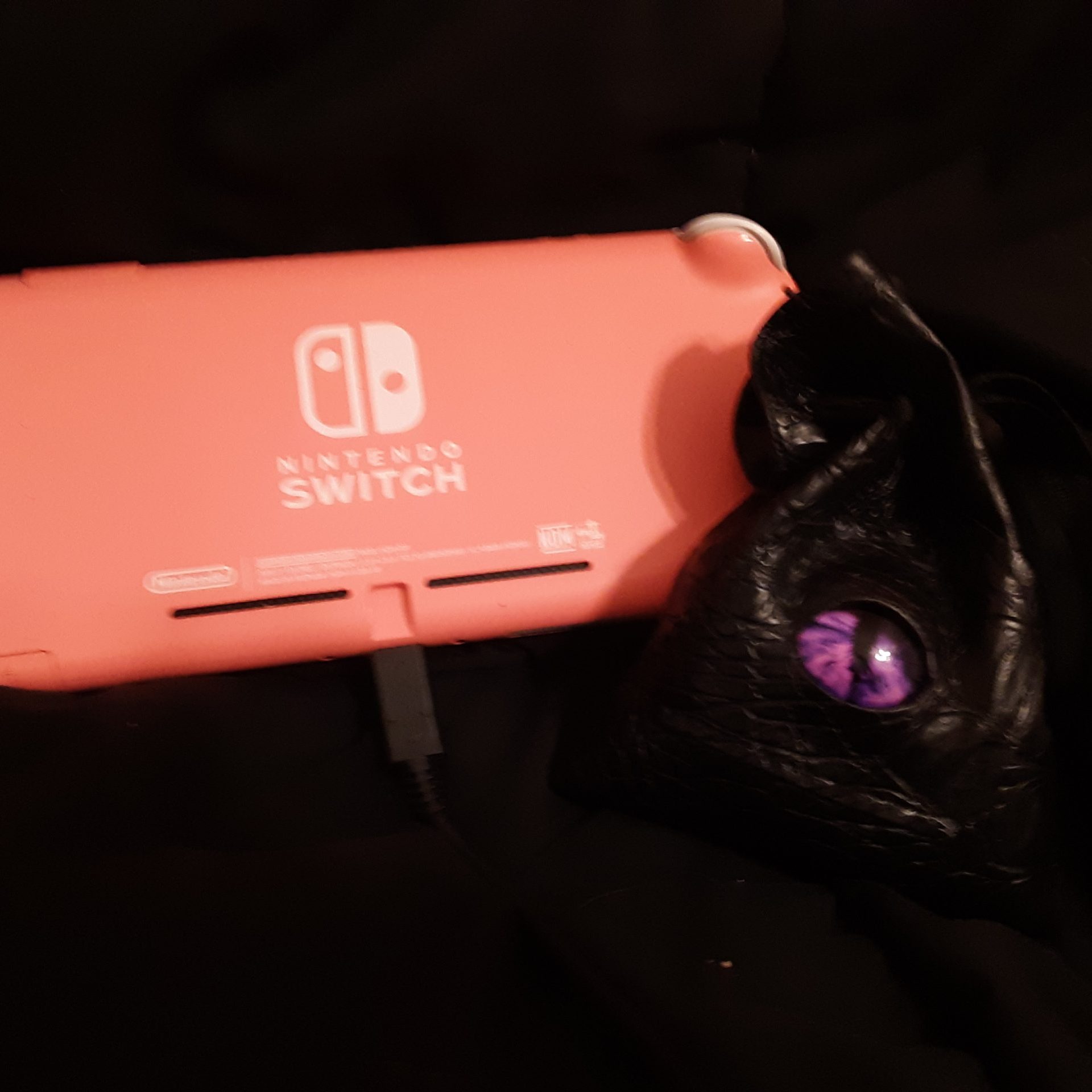 A pink nintendo switch light next to a black and purple dice bag.